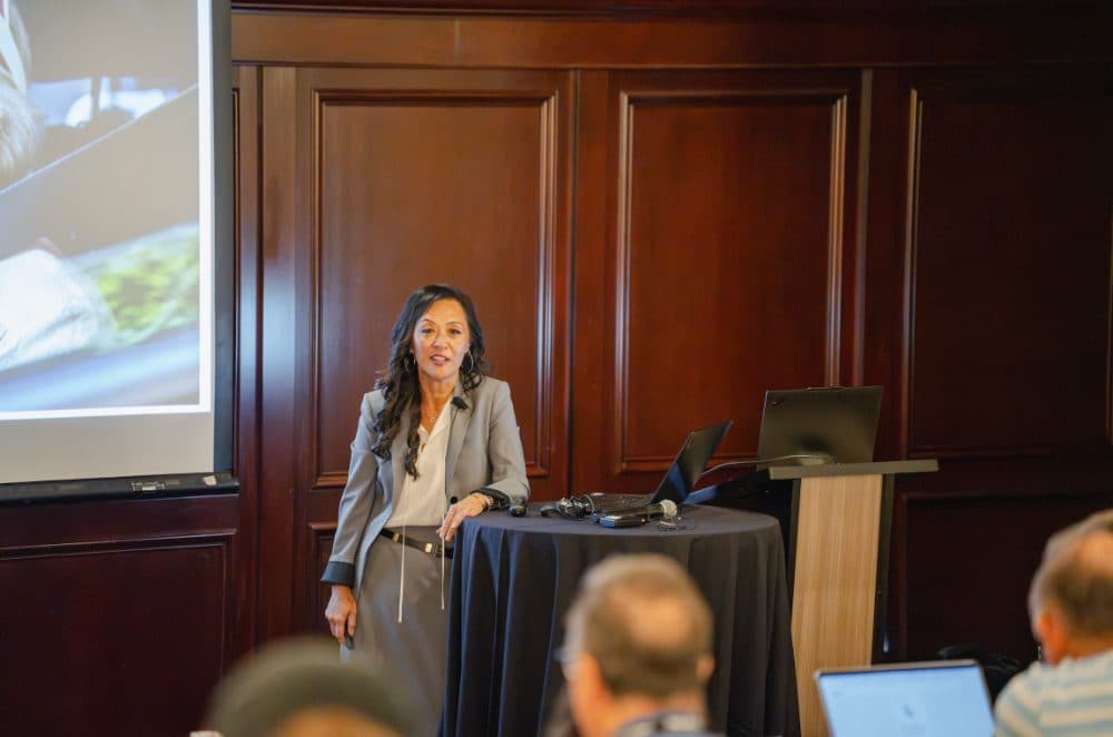 Speaker presenting beside a projection screen