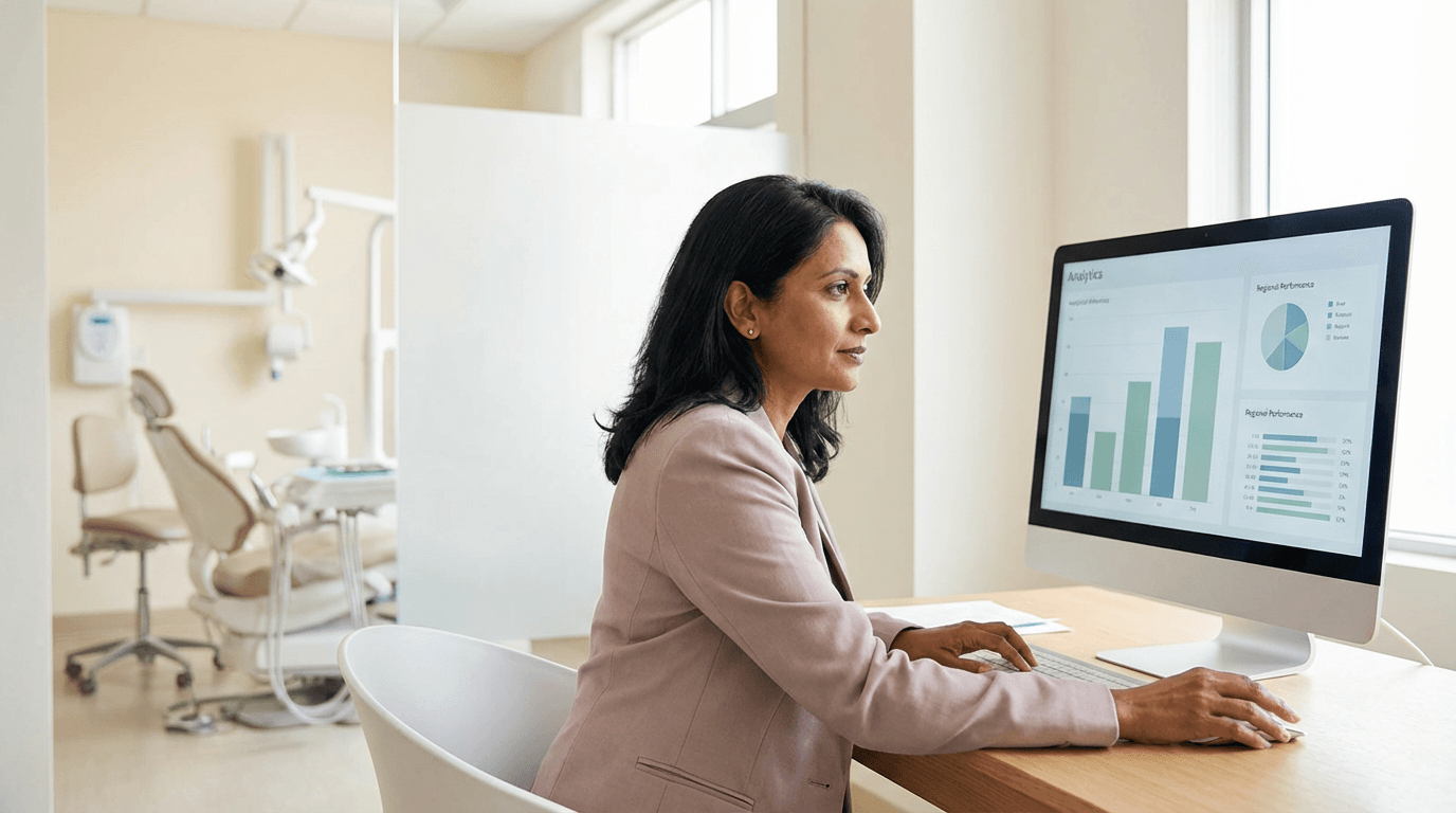 Dental executive reviewing analytics dashboard in a dental office