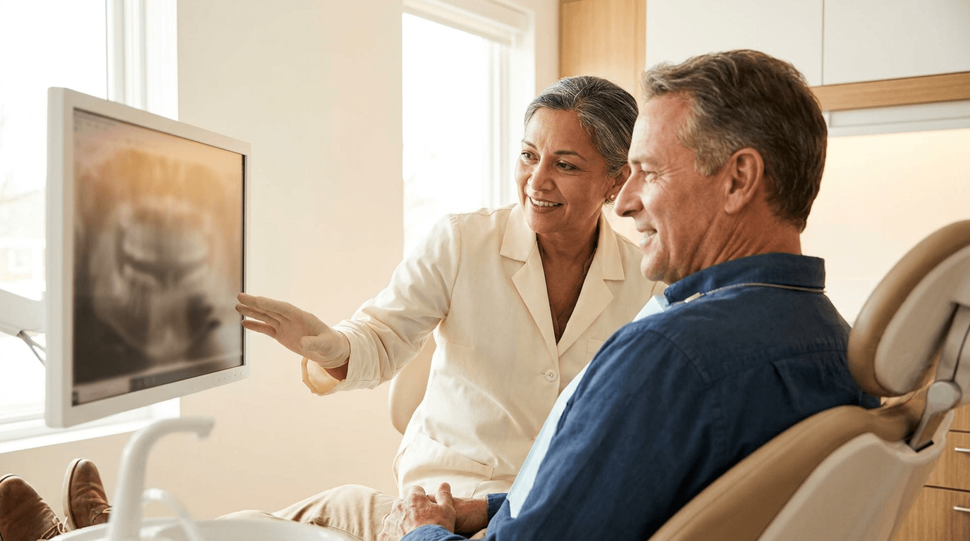 Dental patient communication - dentist explaining X-ray findings to patient
