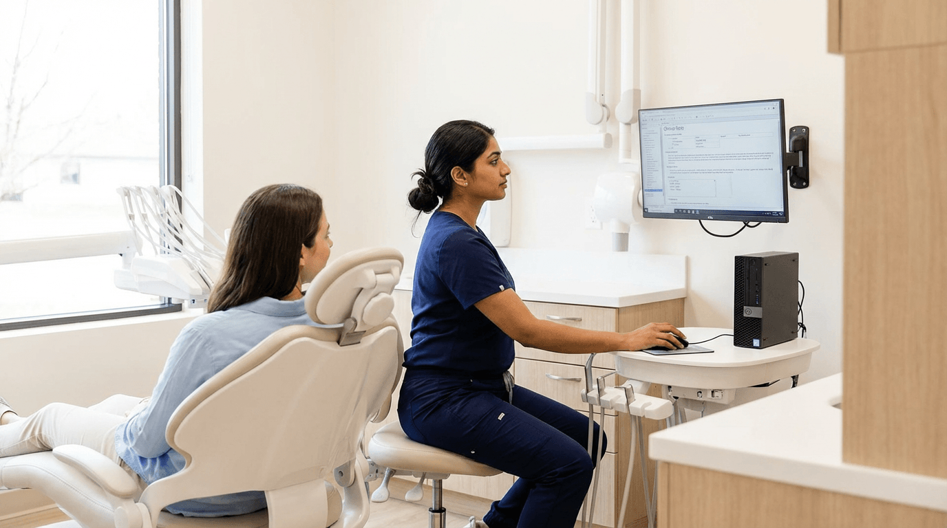 Dental provider using Overjet Voice chairside with a patient