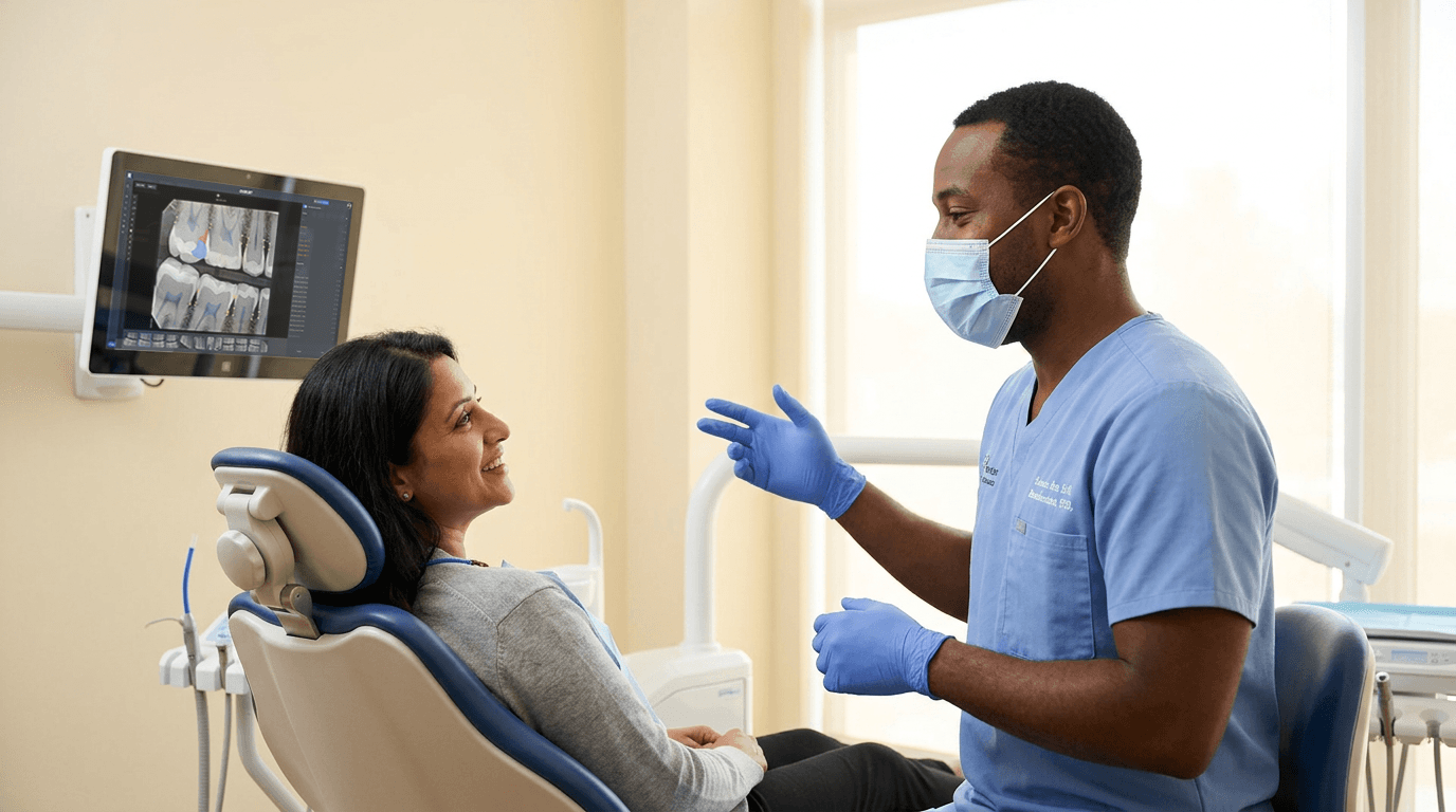 Dentist explaining treatment to a patient while Overjet AI findings appear on the monitor
