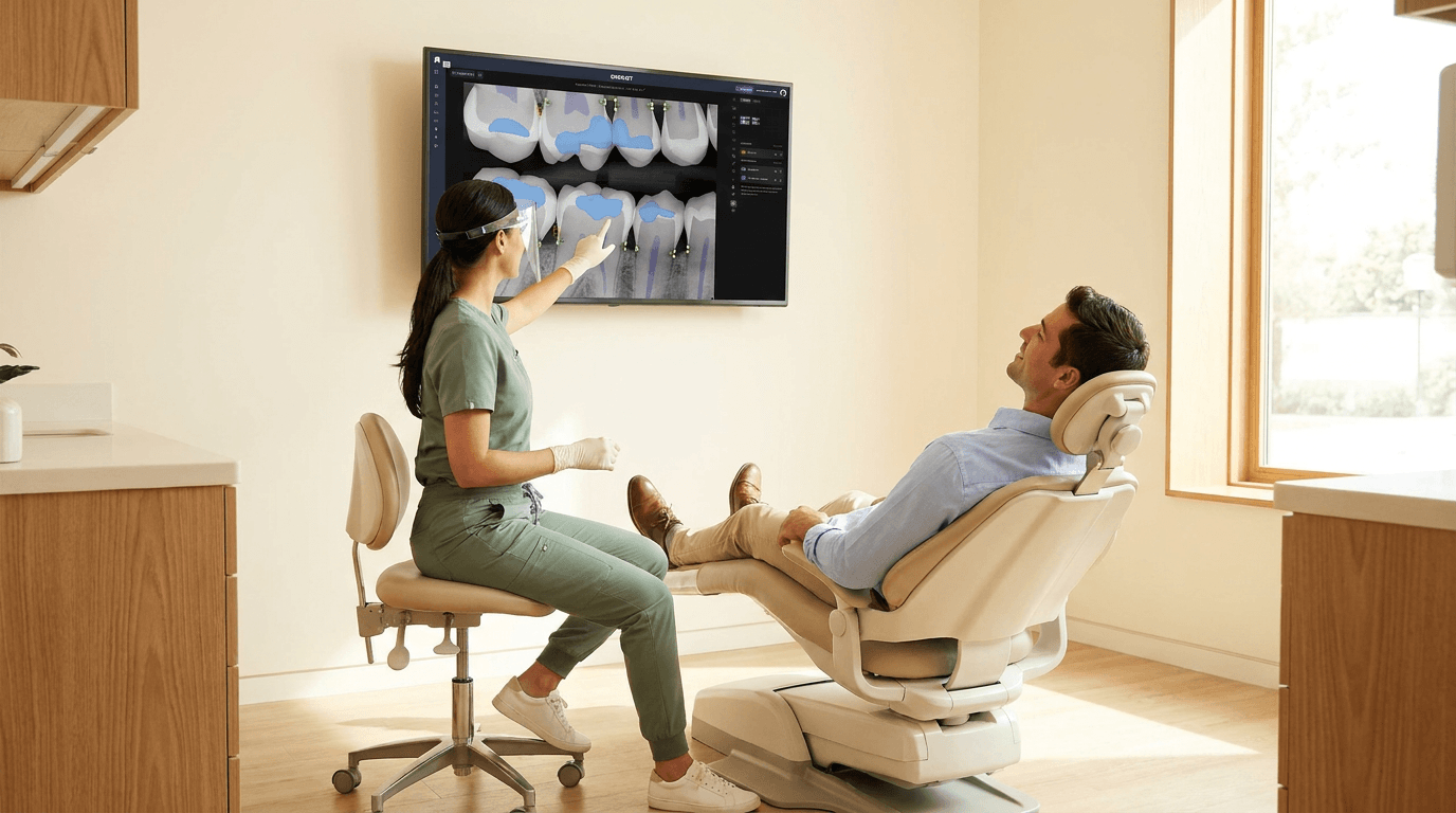 Dental hygienist reviewing AI-assisted perio findings with a patient