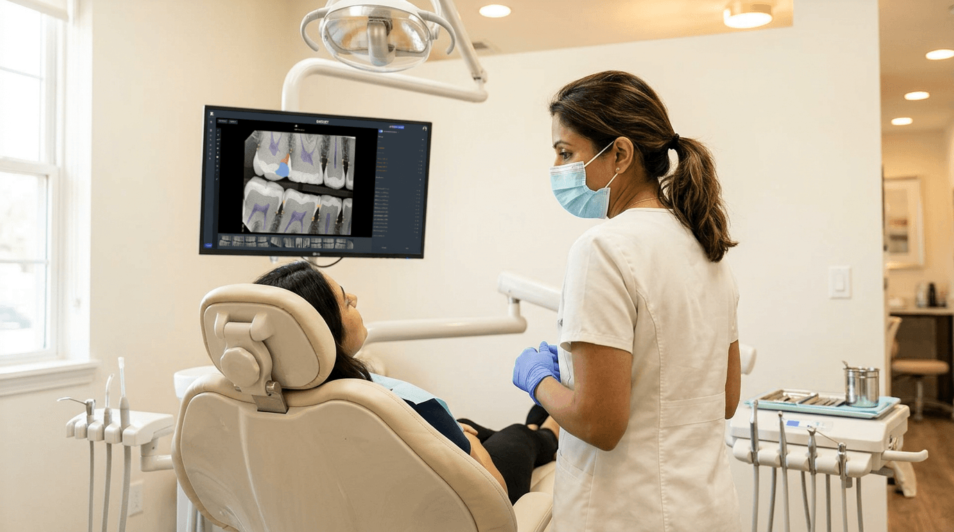 Dentist reviewing dental x-rays with patient in operatory