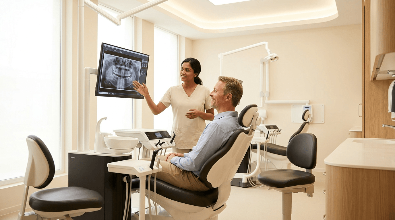 Dental provider reviewing an X-ray with a patient in a treatment room