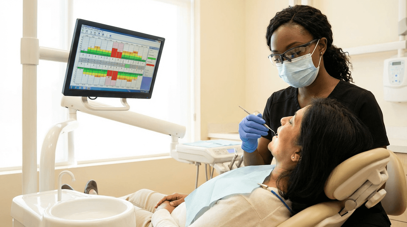 Dental hygienist completing a periodontal chart with a patient