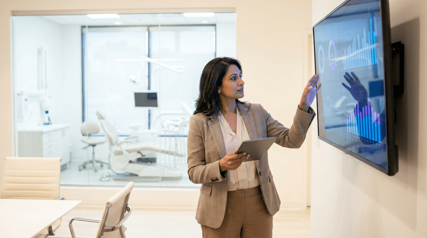 Dental leader reviewing analytics dashboard in a dental office