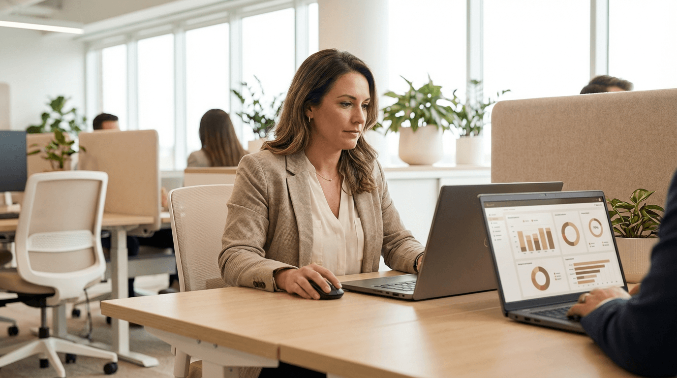 Regional manager reviewing rollout analytics across multiple dental locations