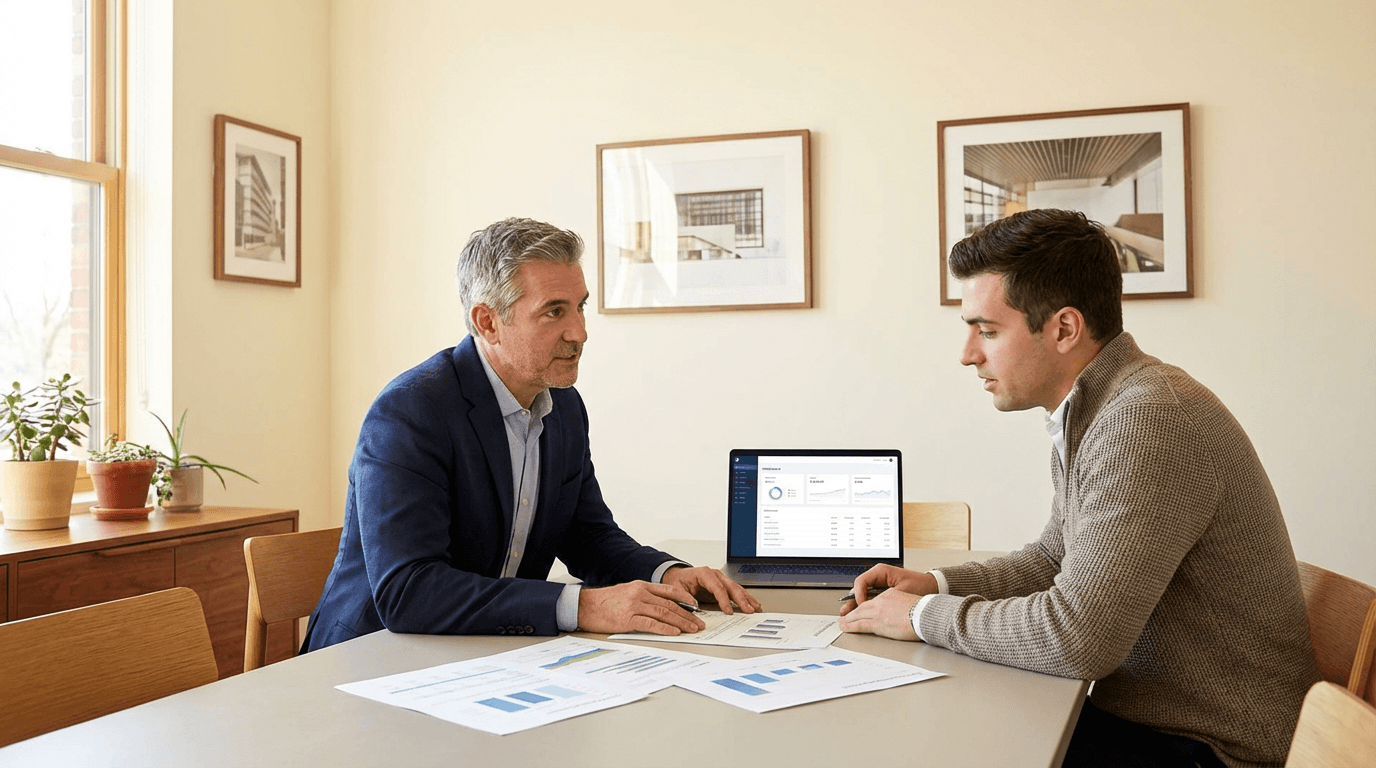 Two dental practice leaders reviewing valuation reports and practice data
