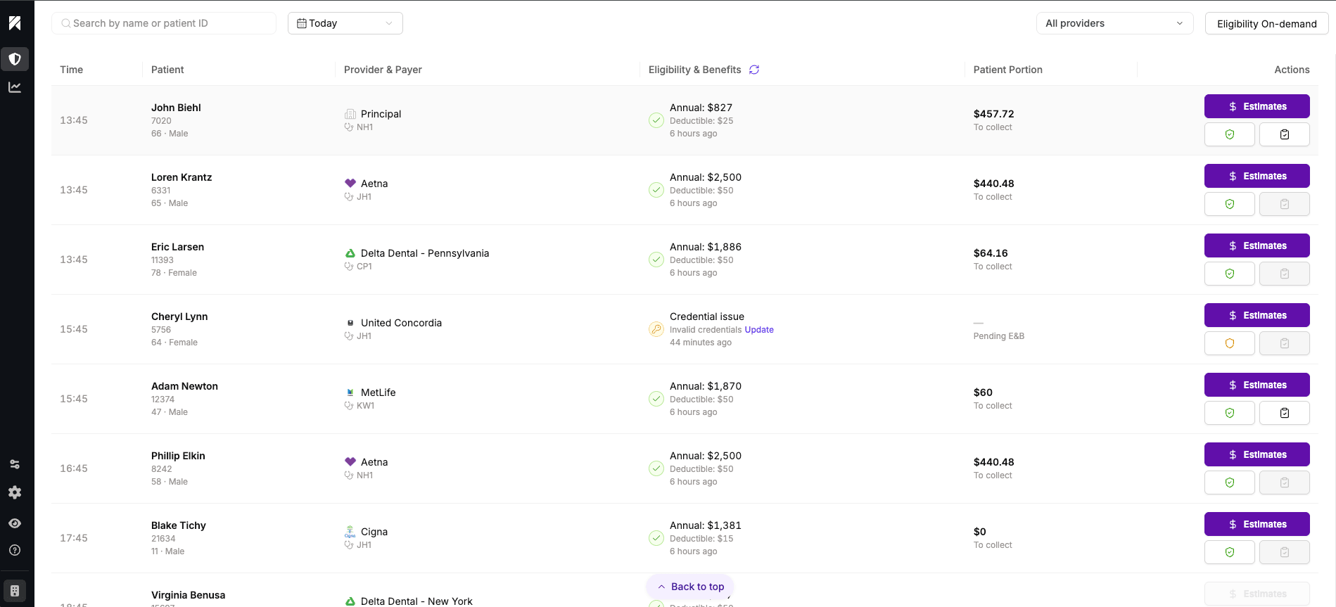 Insurance Verification patient appointments screenshot